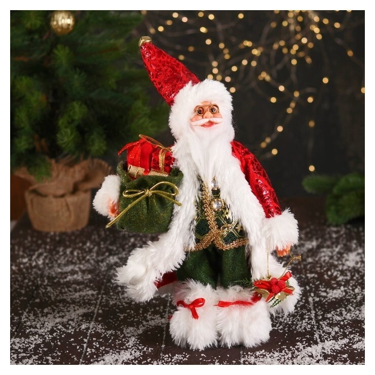 Дед мороз "В блестящем костюмчике, с мешком и колокольчиками" 30 см, красно-зелёный  Зимнее волшебство