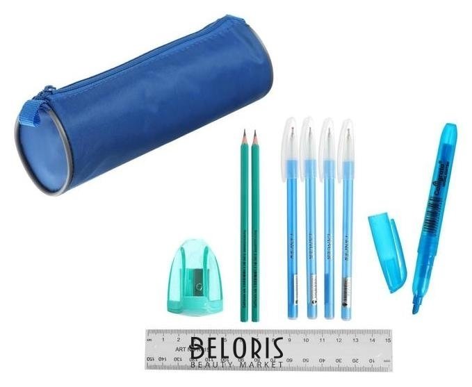 Набор канцелярский 10 предметов (Пенал-тубус 65 х 210мм, ручки 4 штуки цвет синий, линейка 15 см, точилка, карандаш 2 штуки, маркер-текстовыделитель), цвет синий Calligrata