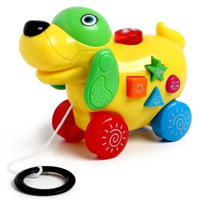 Каталка на веревочке "Зверята", звуковые и световые эффекты, собака, цвет желтый  