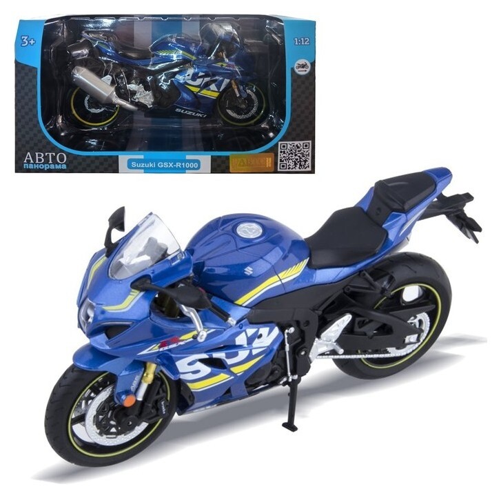 Модель мотоцикла металл. Suzuki Gsx-r 1000 1:12, цвет синий, свободный ход колёс  