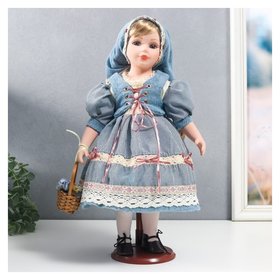 Кукла коллекционная керамика "Катя в голубом платье с завязками, в косынке" 40 см 