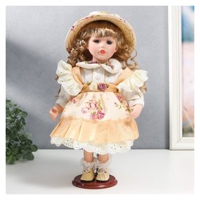 Кукла коллекционная керамика "Алиса в жёлтом платье с цветами, в соломенной шляпке" 30 см 