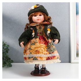 Кукла коллекционная керамика "Алёна в платье с цветами, в зелёной шапке и джемпере" 30 см 