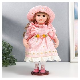 Кукла коллекционная керамика "Маша в розовом платье в клетку с ромашками, в шляпке" 30 см 