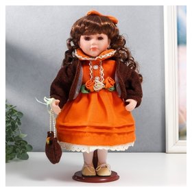 Кукла коллекционная керамика "Василиса в ярко-оранжевом платье, с рюшами, с сумочкой" 30 см 758616 