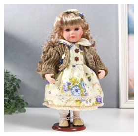 Кукла коллекционная керамика "Танечка в платье с цветами, в бежевом джемпере" 30 см 