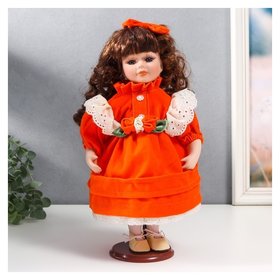 Кукла коллекционная керамика "Агата в ярко-оранжевом платье и банте, с рюшами" 30 см 