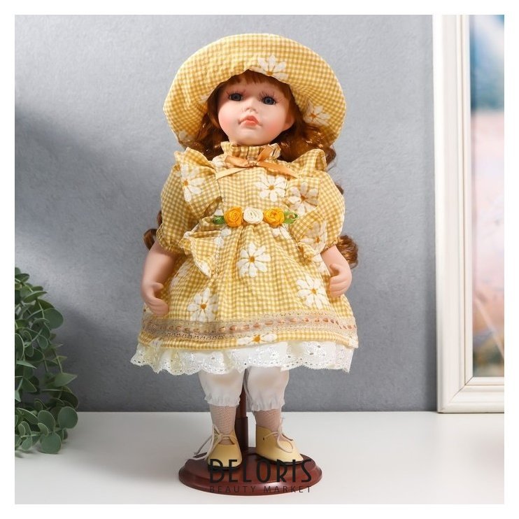 Кукла коллекционная керамика Маша в жёлтом платье в клетку с ромашками, в шляпке 30 см NNB
