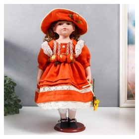 Кукла коллекционная керамика "Вера в ярко-оранжевом платье и шляпе с розами" 40 см 