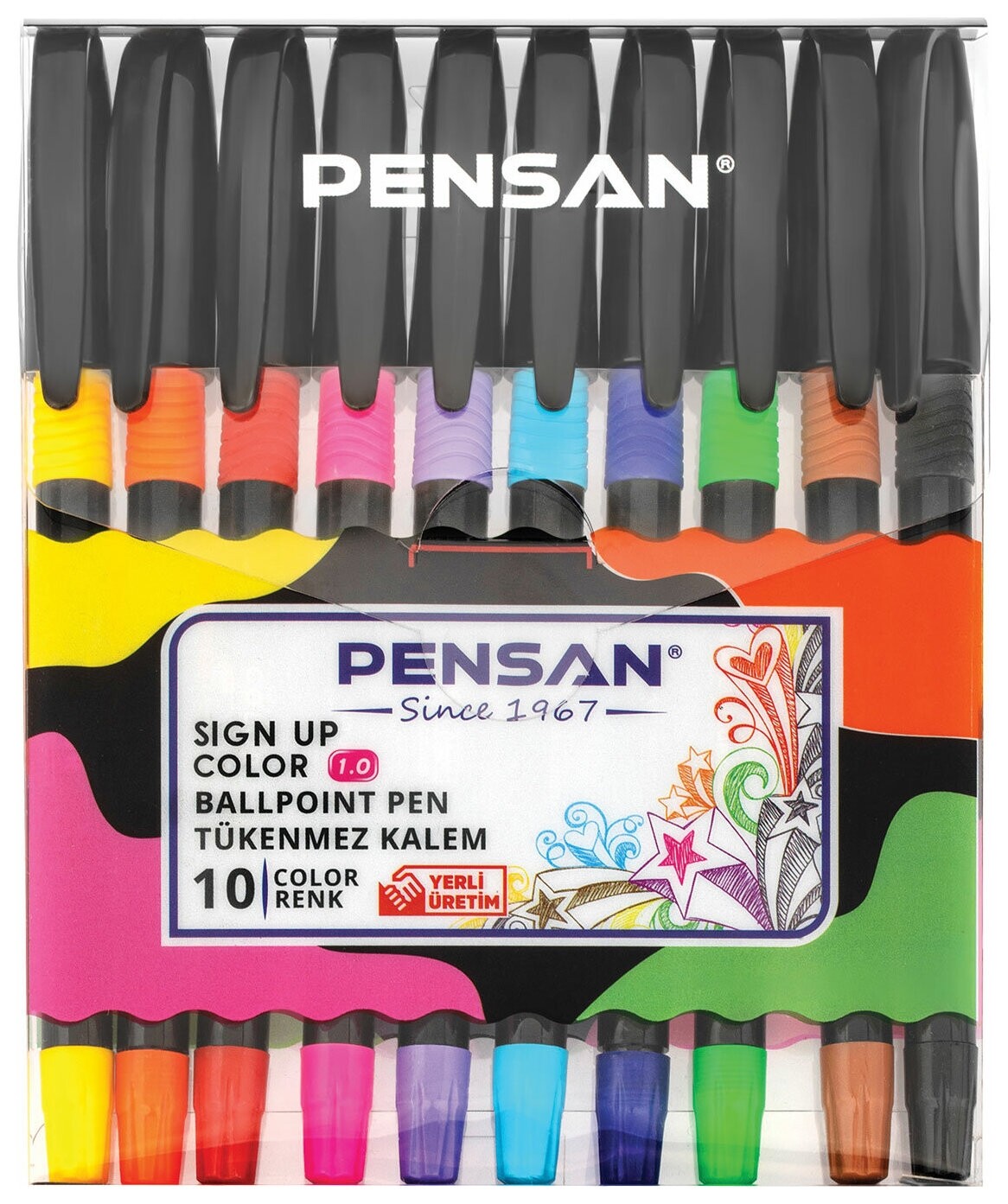 Ручки шариковые масляные с грипом Pensan "Sign-up Color", набор 10 цветов, узел 1 мм, линия письма 0,8 мм, 2410/10  Pensan