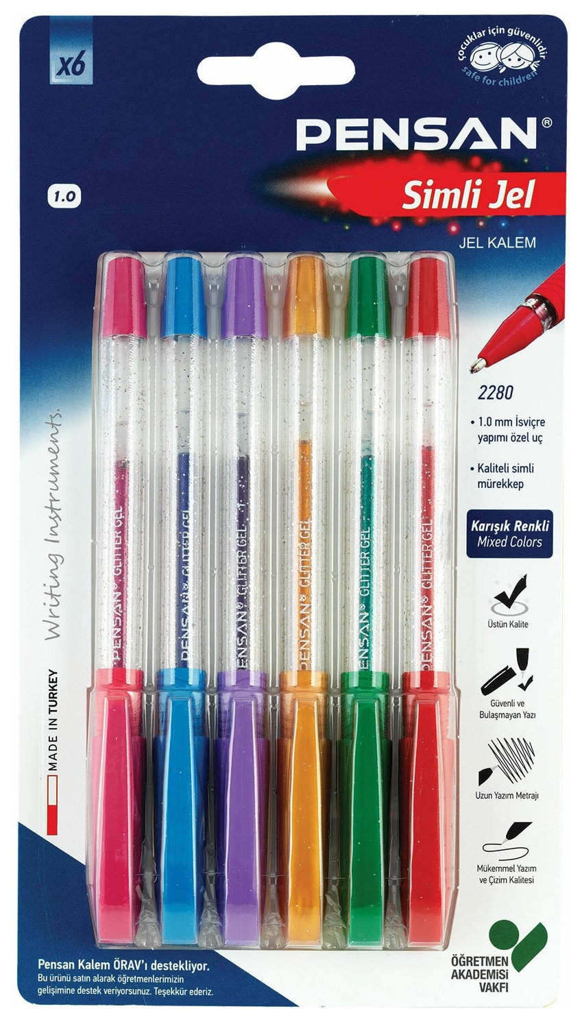 Ручки гелевые Pensan "Glitter Gel", набор 6 цветов, чернила с блестками, узел 1 мм, линия письма 0,5 мм, 2280/b6  Pensan