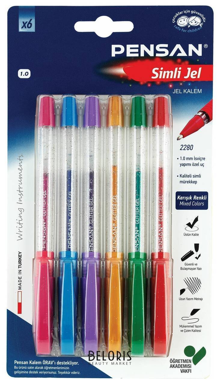 Ручки гелевые Pensan Glitter Gel, набор 6 цветов, чернила с блестками, узел 1 мм, линия письма 0,5 мм, 2280/b6 Pensan