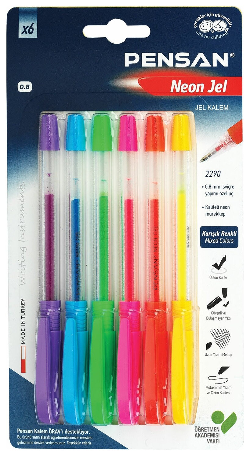 Ручки гелевые Pensan "Neon Gel", набор 6 цветов, узел 1 мм, линия письма 0,5 мм, 2290/b6  Pensan