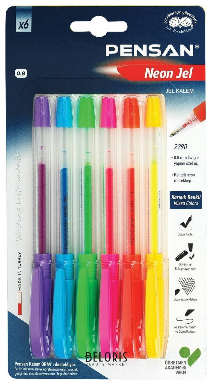 Ручки гелевые Pensan Neon Gel, набор 6 цветов, узел 1 мм, линия письма 0,5 мм, 2290/b6 Pensan
