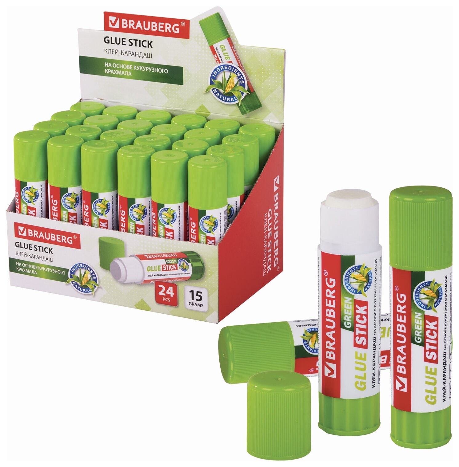 Клей-карандаш на натуральной основе Brauberg Green, 15 г, 270437  Brauberg