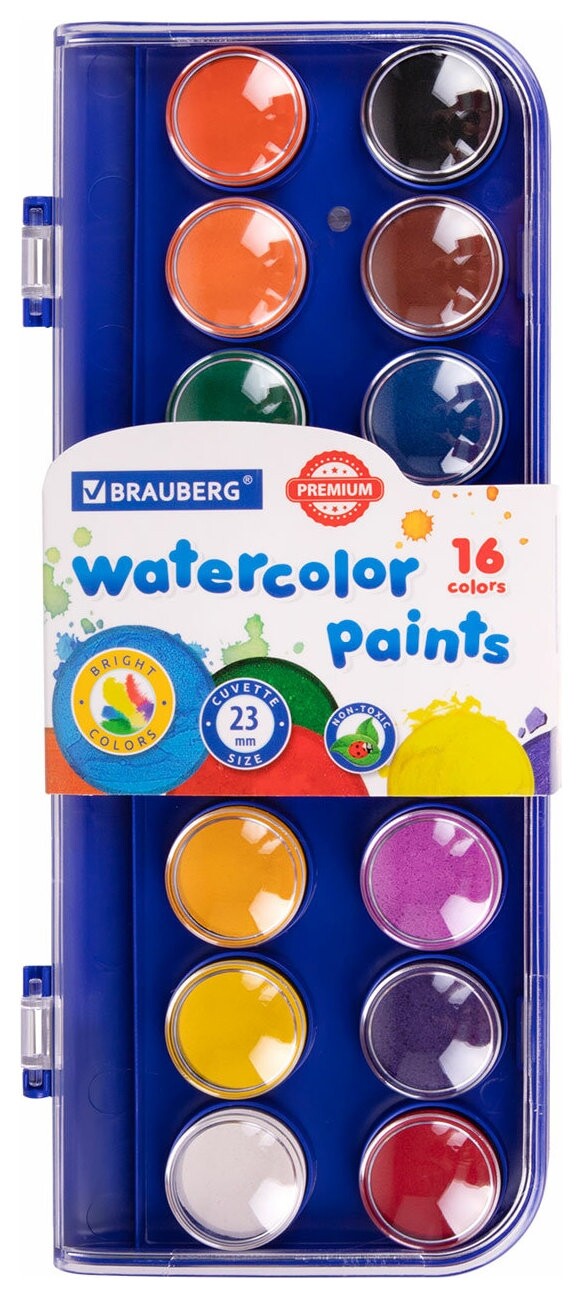 Краски акварельные Brauberg "Premium" 16 цветов, круглые кюветы 23 мм, пенал, 191744  Brauberg