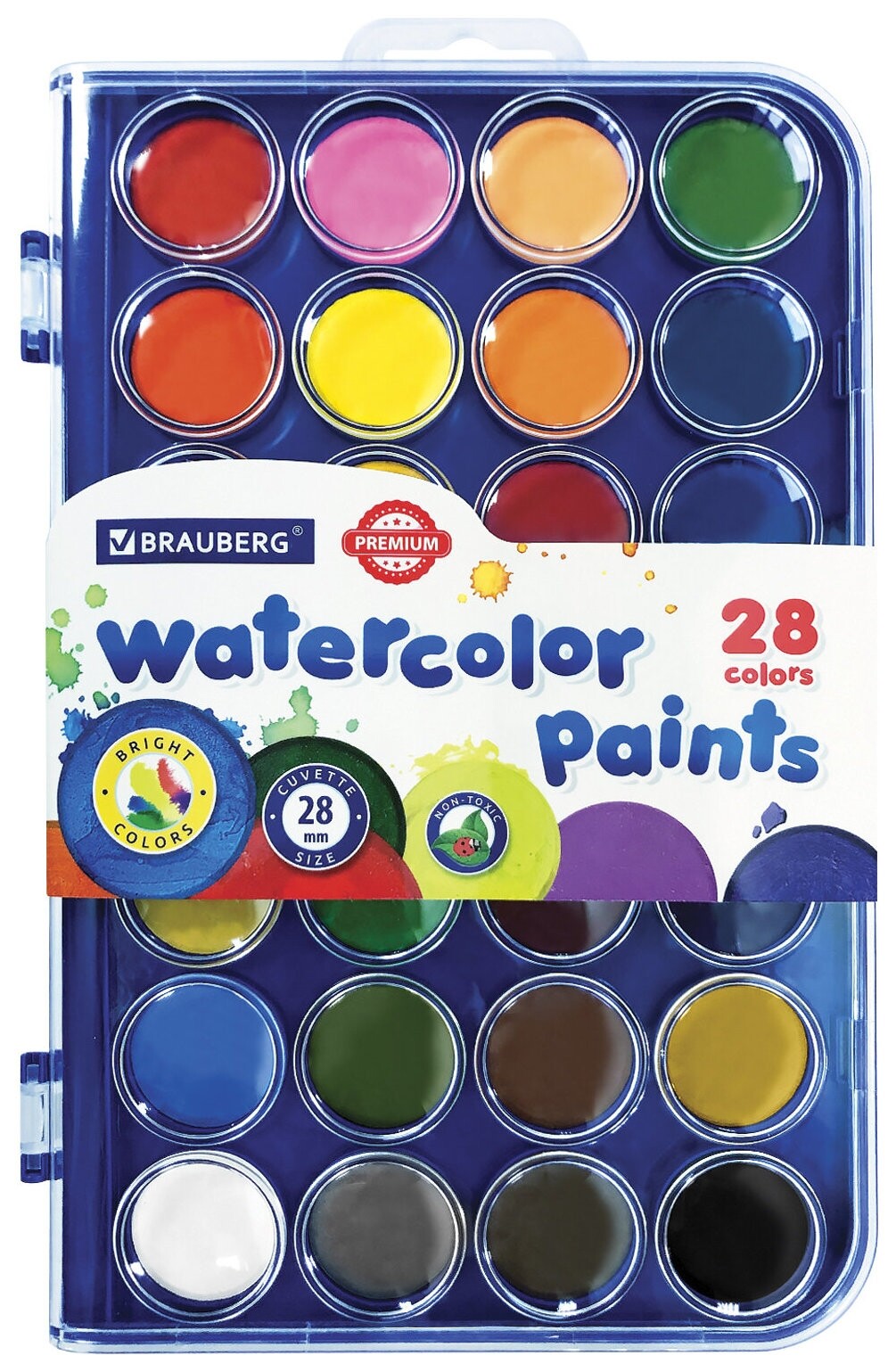 Краски акварельные Brauberg "Premium" 28 цветов, круглые кюветы 28 мм, пенал, 191745  Brauberg