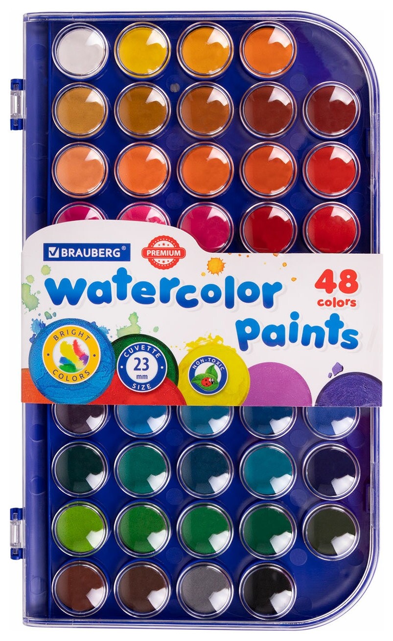 Краски акварельные Brauberg "Premium" 48 цветов, круглые кюветы 23 мм, пенал, 191747 Brauberg