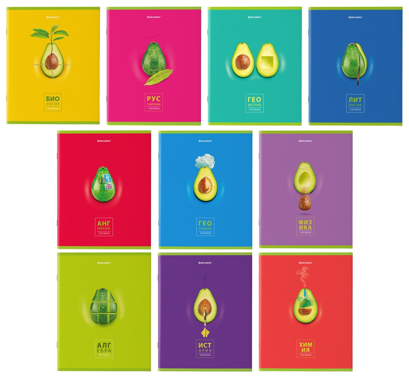Тетради предметные, комплект 10 предметов, Avocado, 48 л., глянцевый уф-лак, Brauberg, 404325  Brauberg