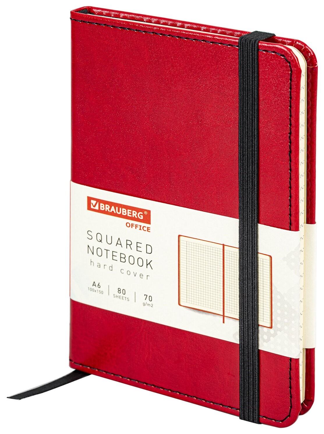 Блокнот малый формат (100x150 мм) А6, Brauberg "Office", под кожу, 80 л., клетка, красный, 113326  Brauberg
