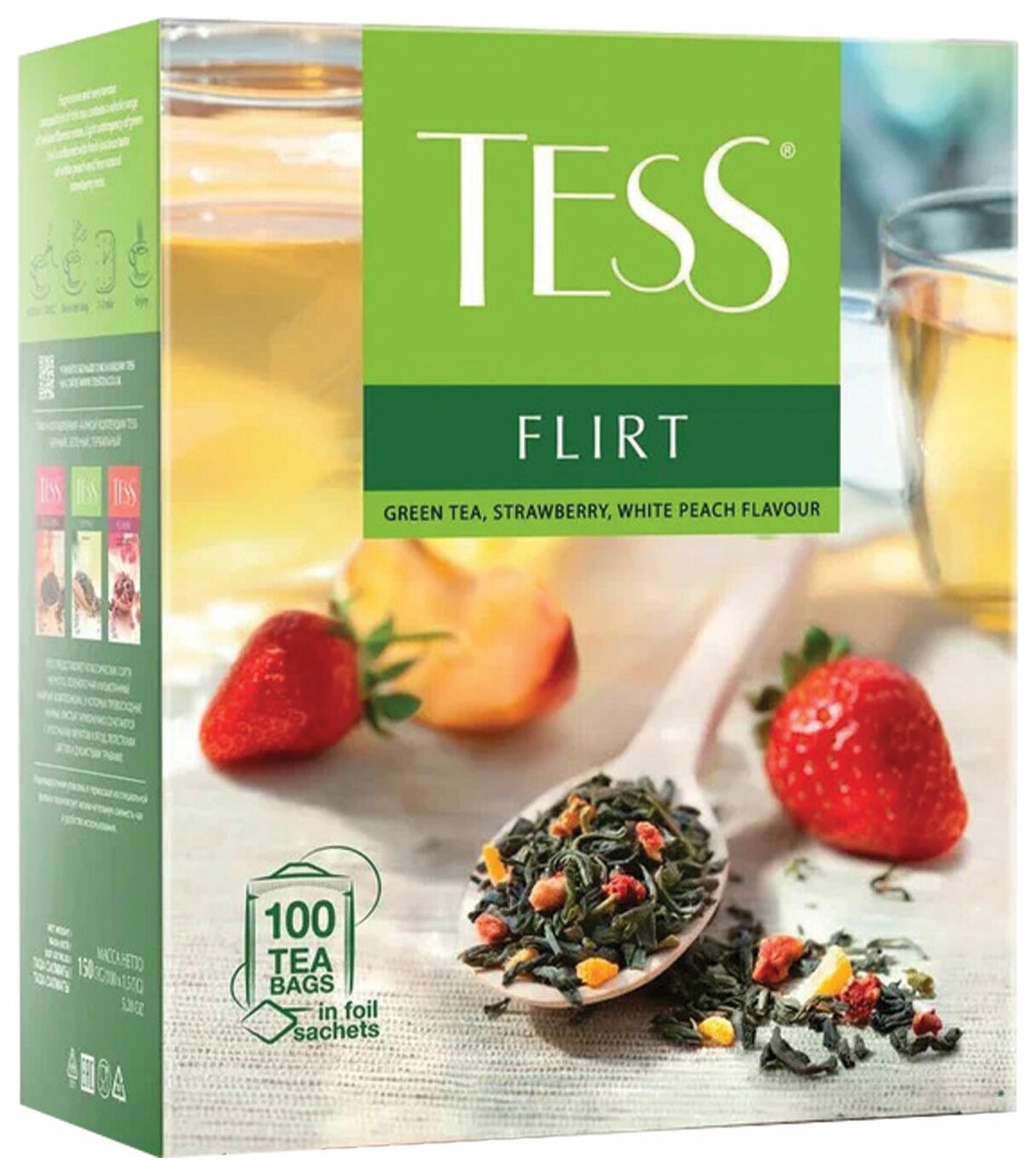 Чай Tess (Тесс) "Flirt", зеленый с клубникой и персиком, 100 пакетиков по 1,5 г, 1476-09  Tess