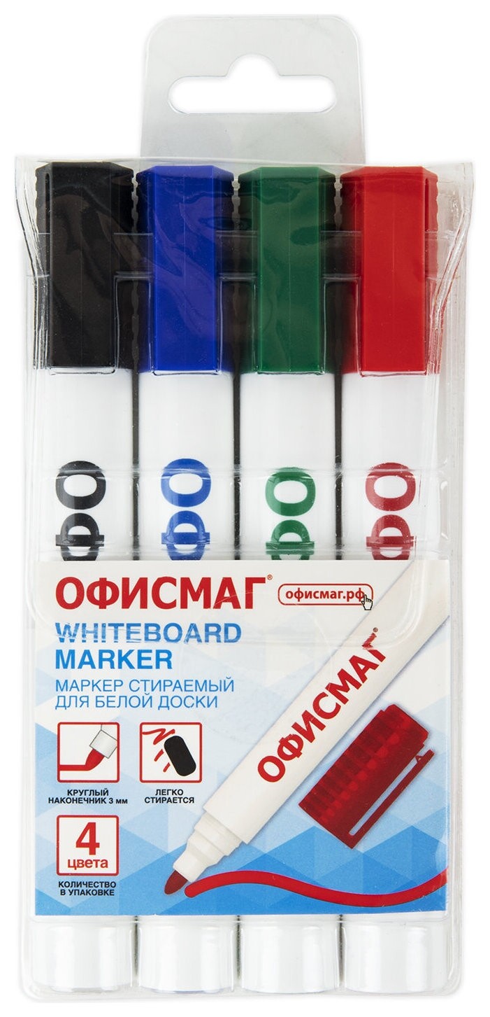 Маркеры стираемые для белой доски набор 4 цвета, офисмаг, круглый наконечник, 3 мм, 152222  Офисмаг
