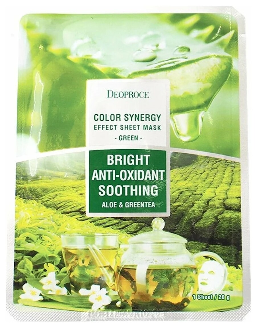 Маска для лица тканевая с экстрактом зелёного чая и алоэ  DEOPROCE