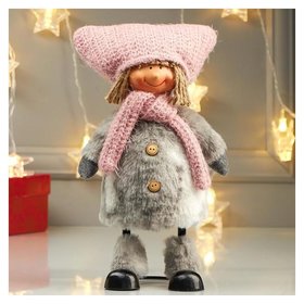 Кукла интерьерная "Девочка в розовой шапке с ушками и белой шубке" 27х10х17 см 