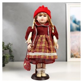 Кукла коллекционная керамика "Марина в бордовом платье в клетку" 40 см 