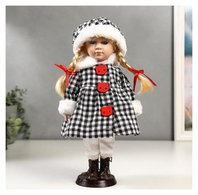 Кукла коллекционная керамика "Злата в пальто в клеточку с красными пуговицами" 30 см 