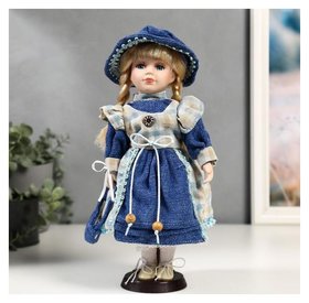 Кукла коллекционная керамика "Алиса в джинсовом платье с клетчатой накидкой" 30 см 