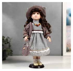 Кукла коллекционная керамика "Тая в полосатом платье и пиджаке в клетку" 40 см 