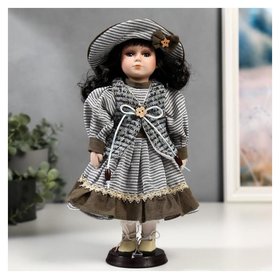 Кукла коллекционная керамика "Валя в платье в полоску и вязаном жилете" 30 см 