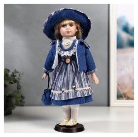 Кукла коллекционная керамика "Стася в синем полосатом платье и синей куртке" 40 см 