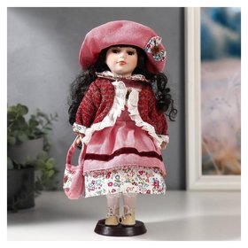 Кукла коллекционная керамика "Даша в коралловом платье и бордовом джемпере" 30 см 