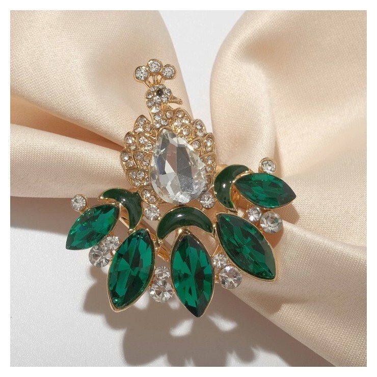 Кольцо для платка "Павлин", цвет бело-зелёный в золоте  Queen Fair