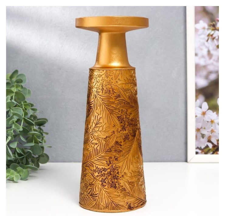 Подсвечник полистоун на 1 свечу "Растительные узоры" золото 25х9,5х9,5 см  