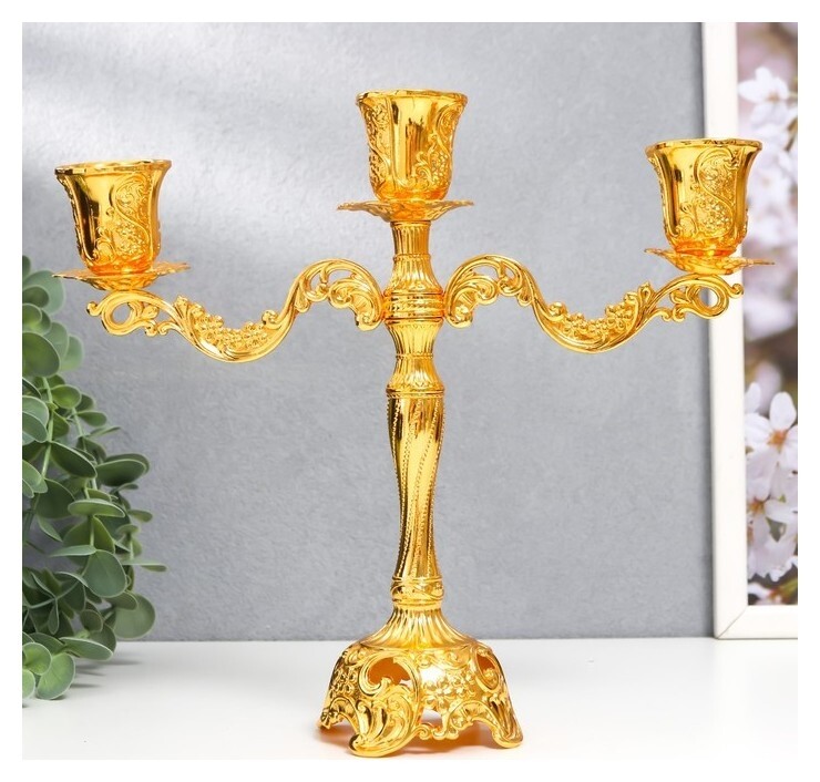 Подсвечник металл на 3 свечи "Виноградная лоза" золото 22х7,5х25 см  