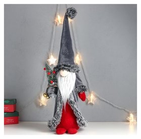 Кукла интерьерная "Дед мороз с ёлкой в мешке, серая бархатная шуба" 51х18х18 см 