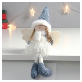 Кукла интерьерная "Ангелочек в шубке из травки, в синем колпаке и сапожках" 30х15х5 см 