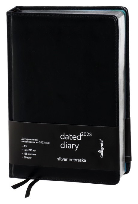 

Ежедневник 2023г. A5, 168 листов в линейку, кожзам "Небраска", серебряный срез, черный