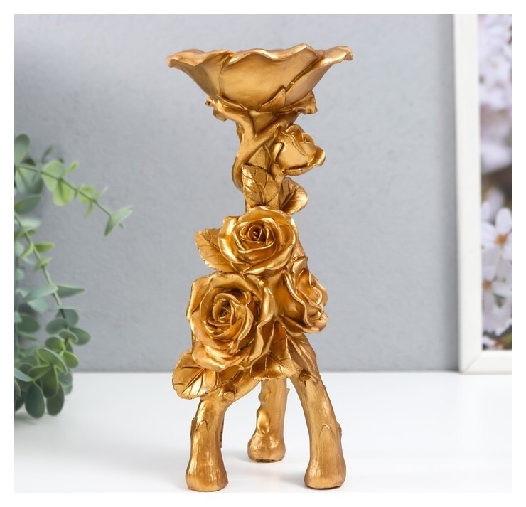 Подсвечник полистоун на 1 свечу "Розы. тринога" золото 20,8х7,5х7,5 см  