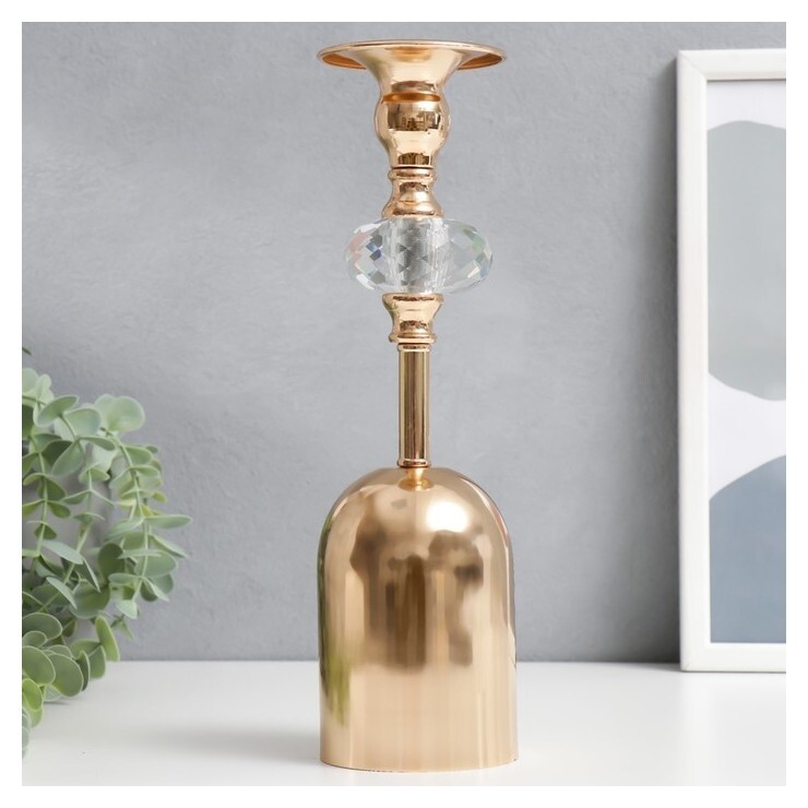 Подсвечник металл, акрил на 1 свечу "Перевёрнутый бокал с кристаллом" золото 29х7,5х7,5 см  