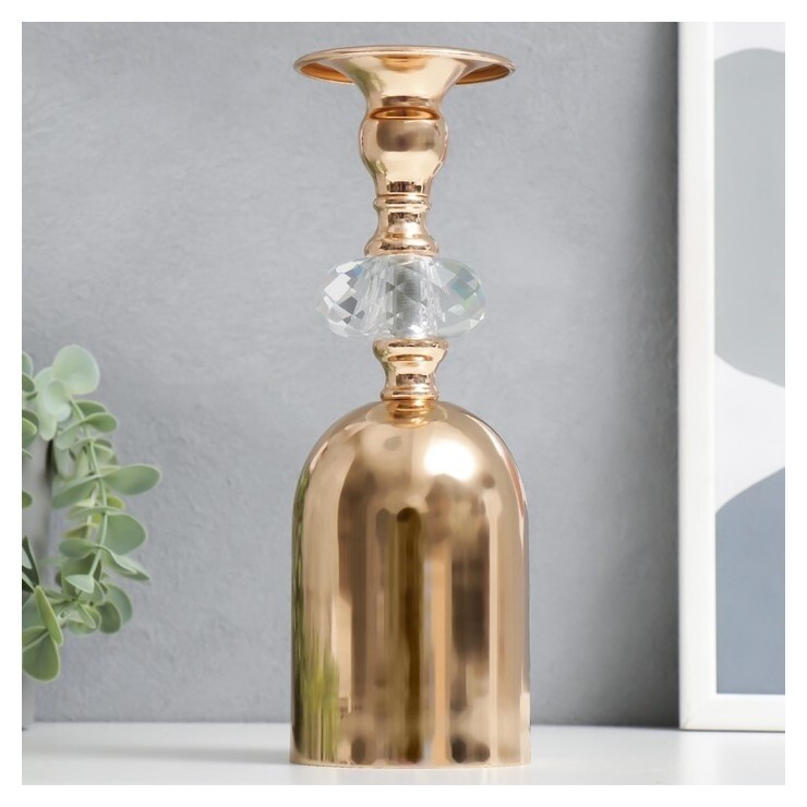 Подсвечник металл, акрил на 1 свечу "Перевёрнутый бокал с кристаллом" золото 24х7,5х7,5 см  