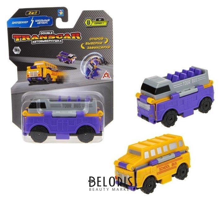 Машина автовывернушка Transcar Double 2в1: даблдэккер - школьный автобус, 8 см 1 Toy