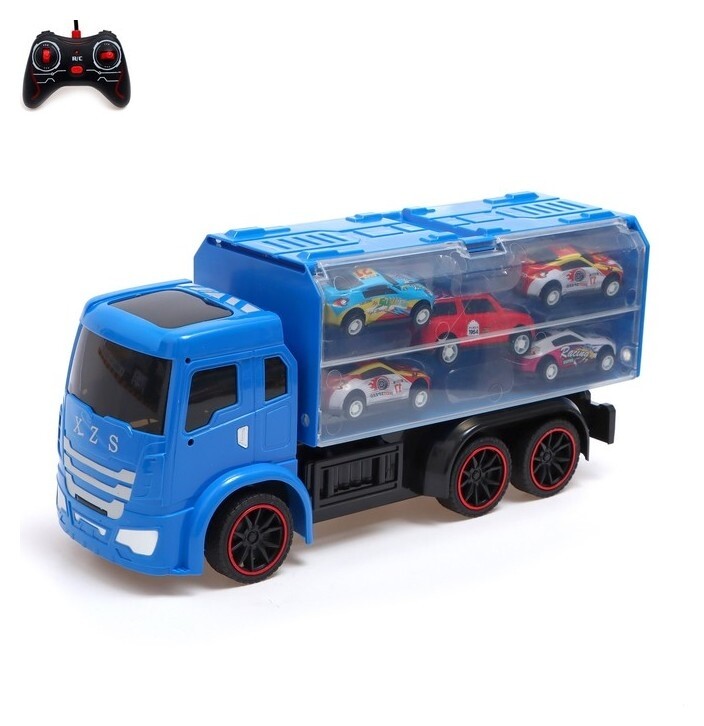 Грузовик радиоуправляемый «Автовоз», с 5 машинками, работает от аккумулятора, цвет синий  