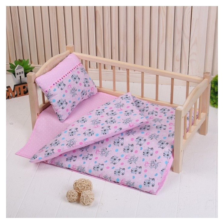 Кукольное постельное с тесьмой «Котята на розовом», простынь, одеяло, подушка