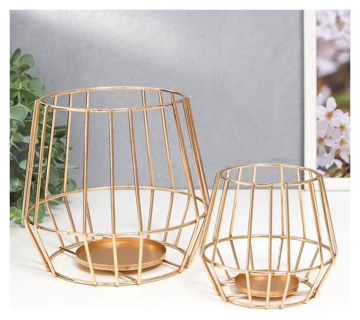 Подсвечник металл "Лофт. каркас" золото набор 2 шт 10х10х10 15х16,5х16,5 см  