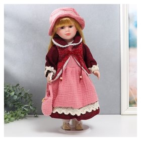Кукла коллекционная керамика "Нина в розовом платье и бордовом жакете" 40 см 