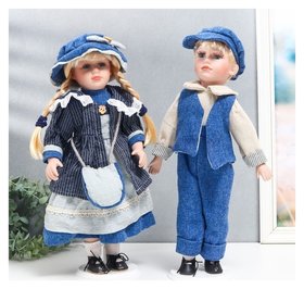 Кукла коллекционная парочка "Наташа и саша, синий вельвет" набор 2 шт 40 см 